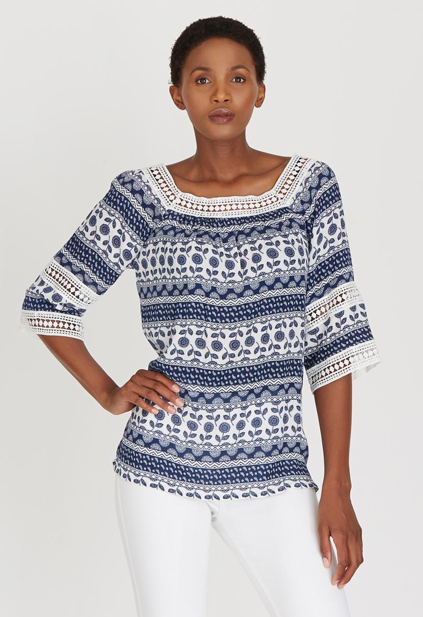 cath.nic - Printed Woven 3/4 Sleeve Blouse Navy
