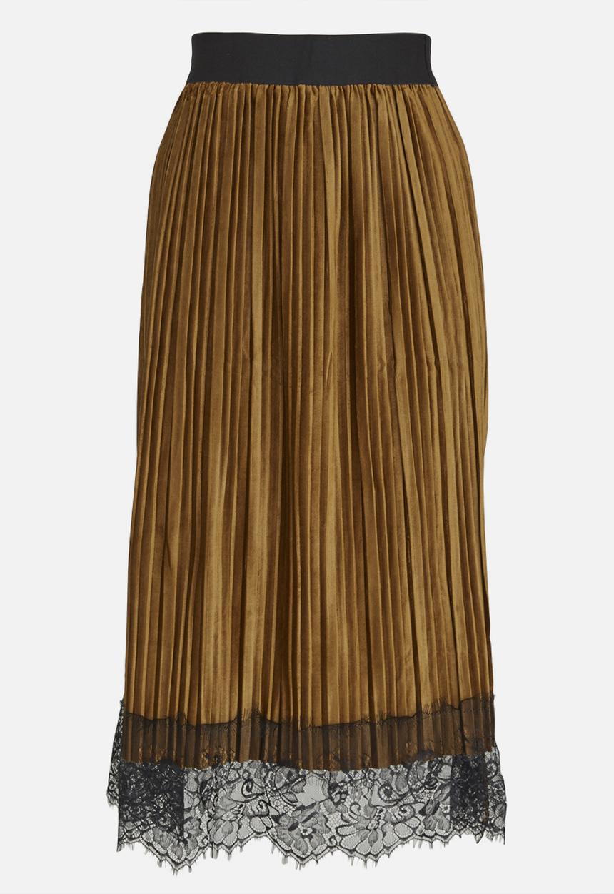 edit - Lace Trim Velour Skirt Mid Brown