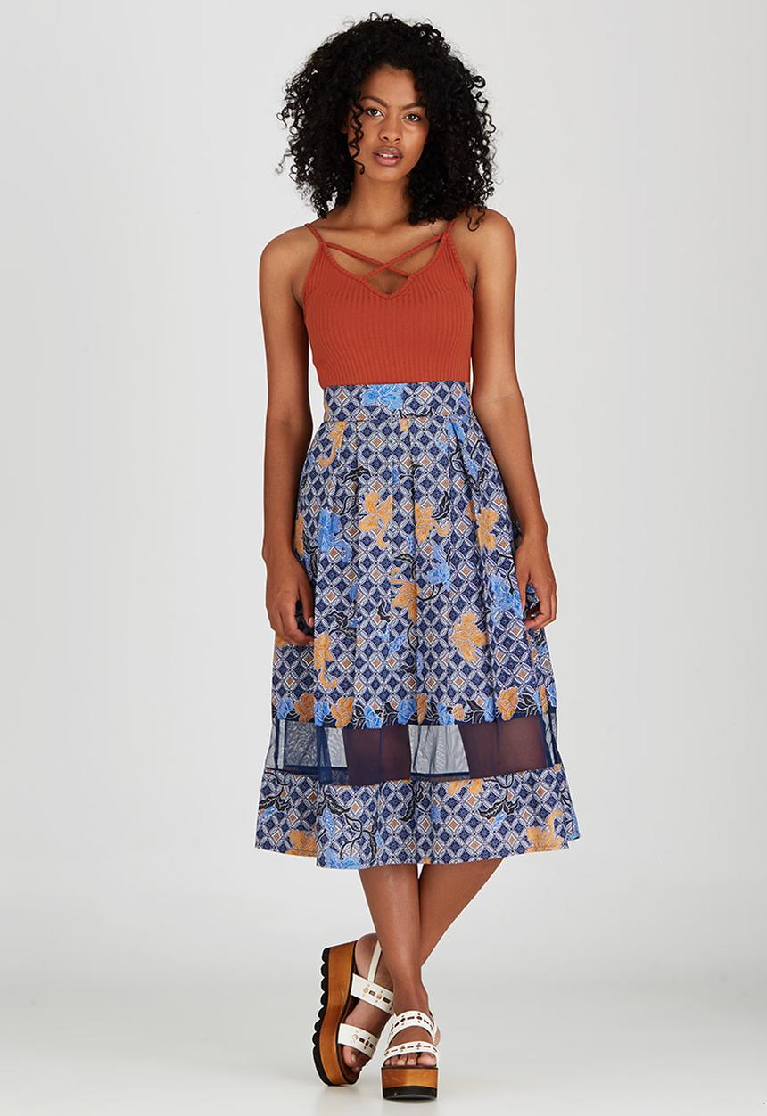 Khanya by Pengelly - Ankara Print Sheer Insert Skirt Mid Blue