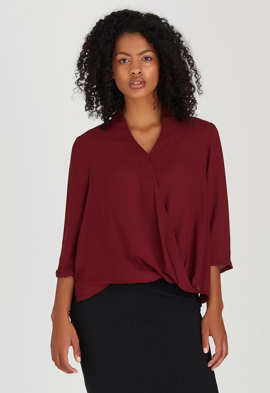 Suzanne Betro - Solid Crossover Blouse Dark Red