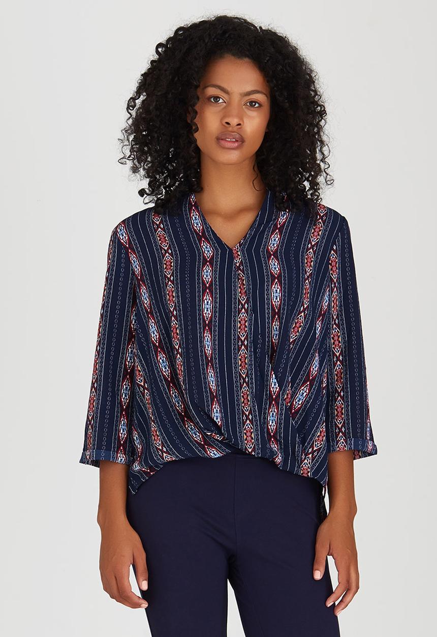 Suzanne Betro - All-over Print Crossover Blouse Navy