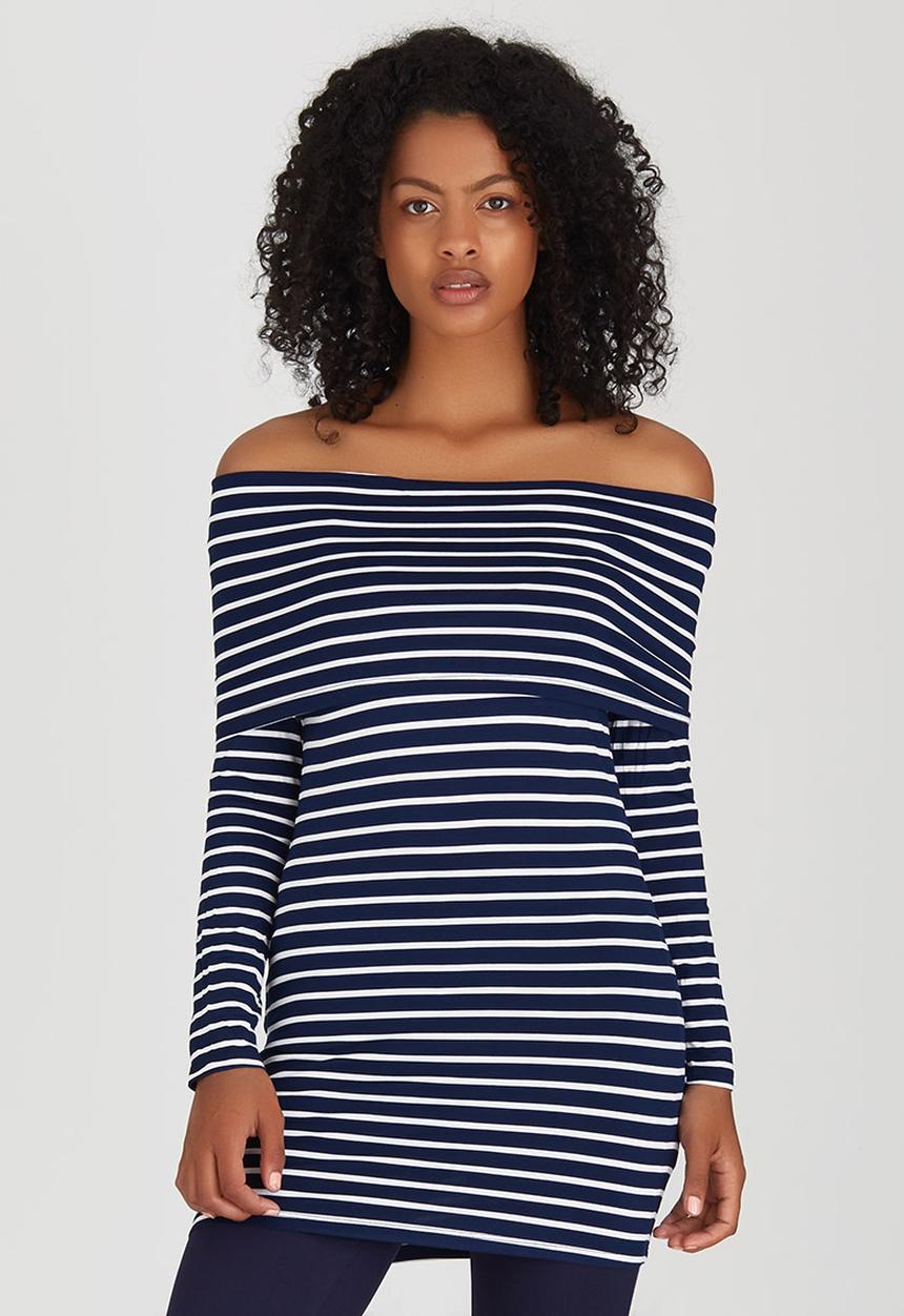 Suzanne Betro - Stripe Off-shoulder Knit Top Navy