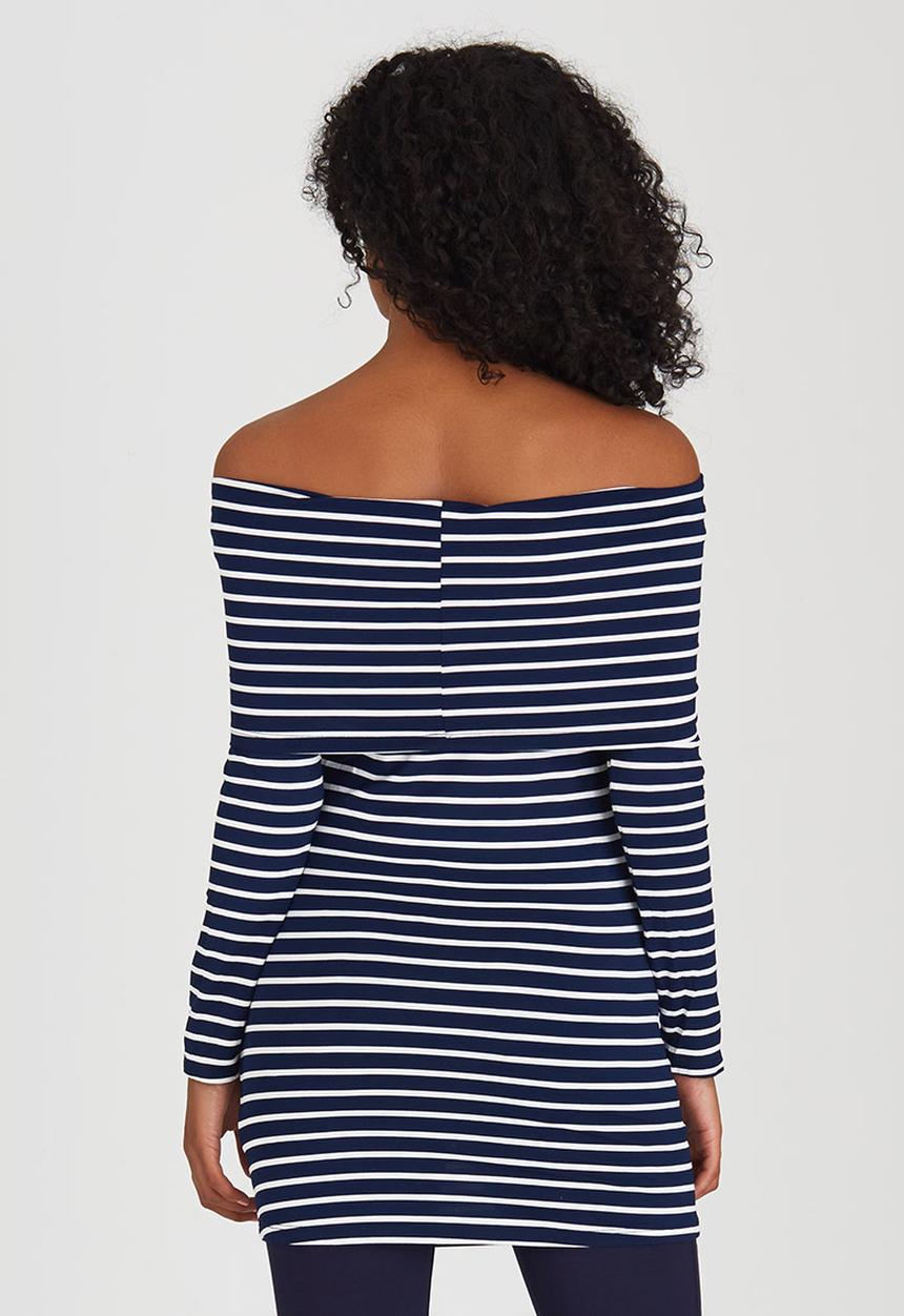 Suzanne Betro - Stripe Off-shoulder Knit Top Navy