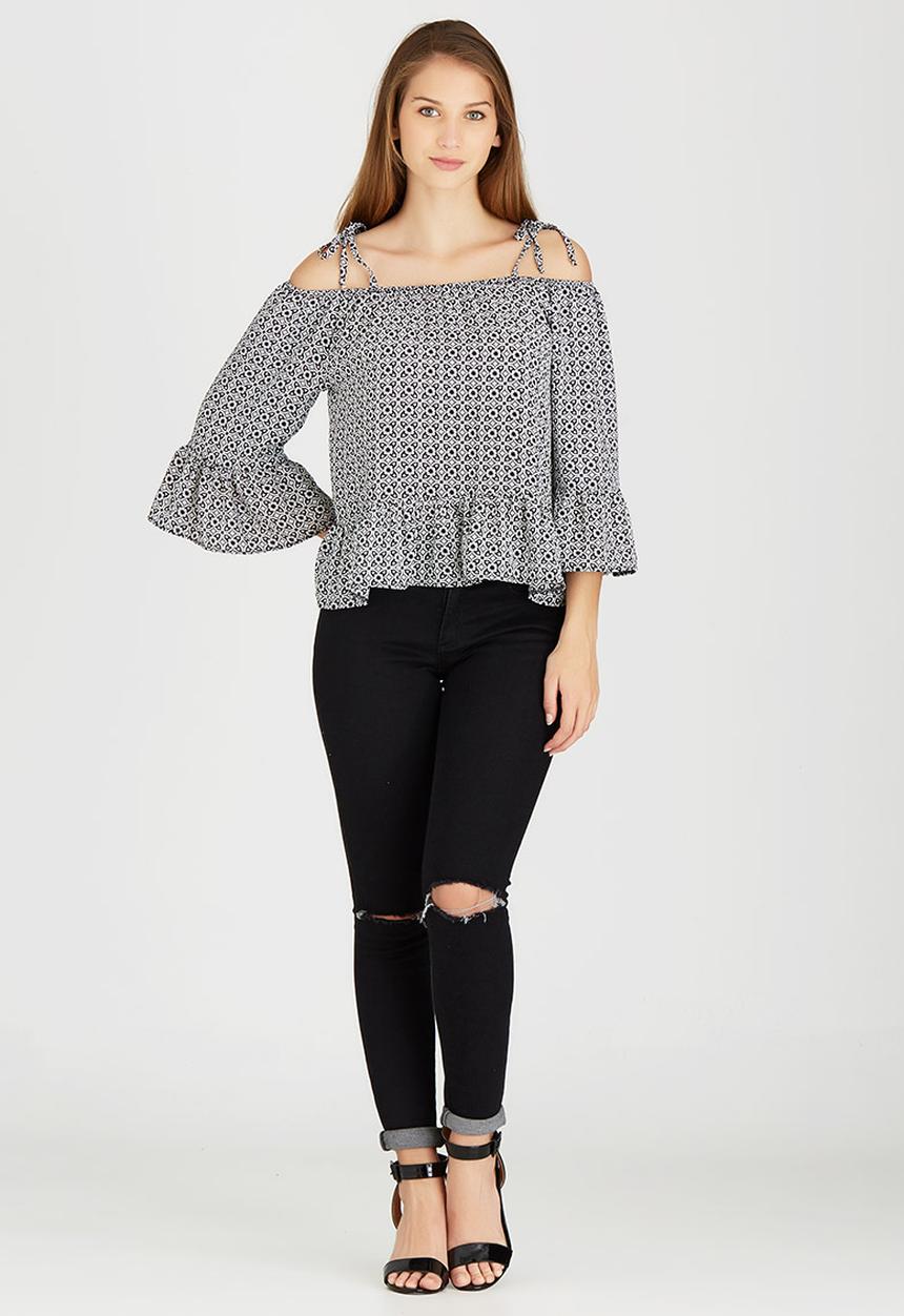 c(inch) - Cold Shoulder Blouse Black and White