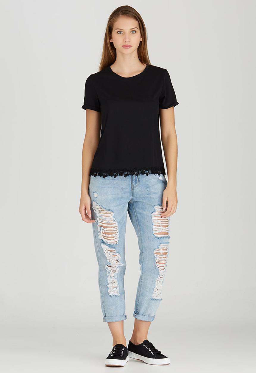 c(inch) - T-shirt with Lace Trim Black