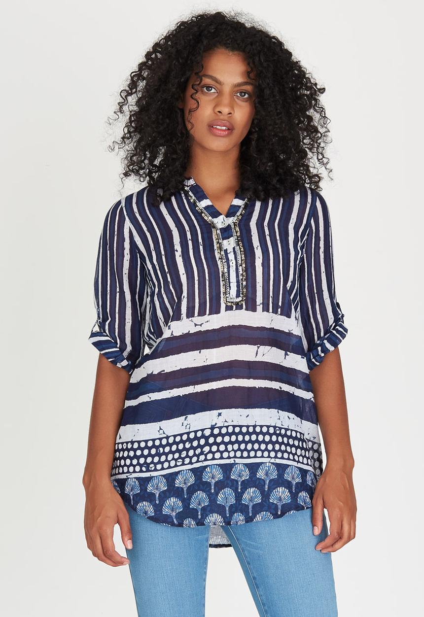G Couture - Printed Tunic with Beaded Neckline Blue and White