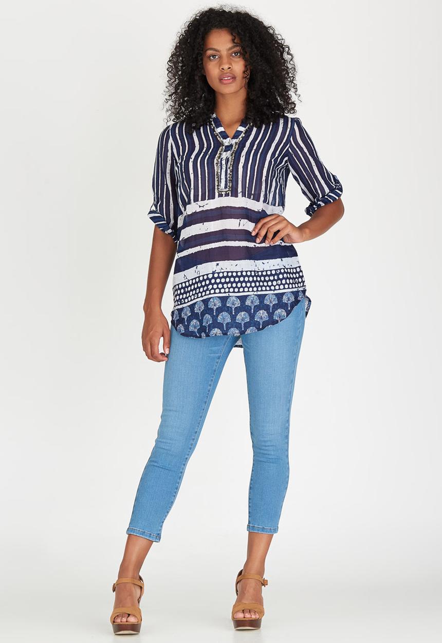 G Couture - Printed Tunic with Beaded Neckline Blue and White