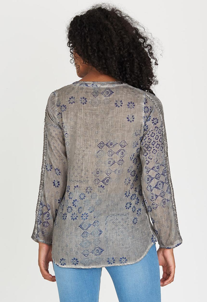 G Couture - Printed Top with Crochet Inset Pale Grey
