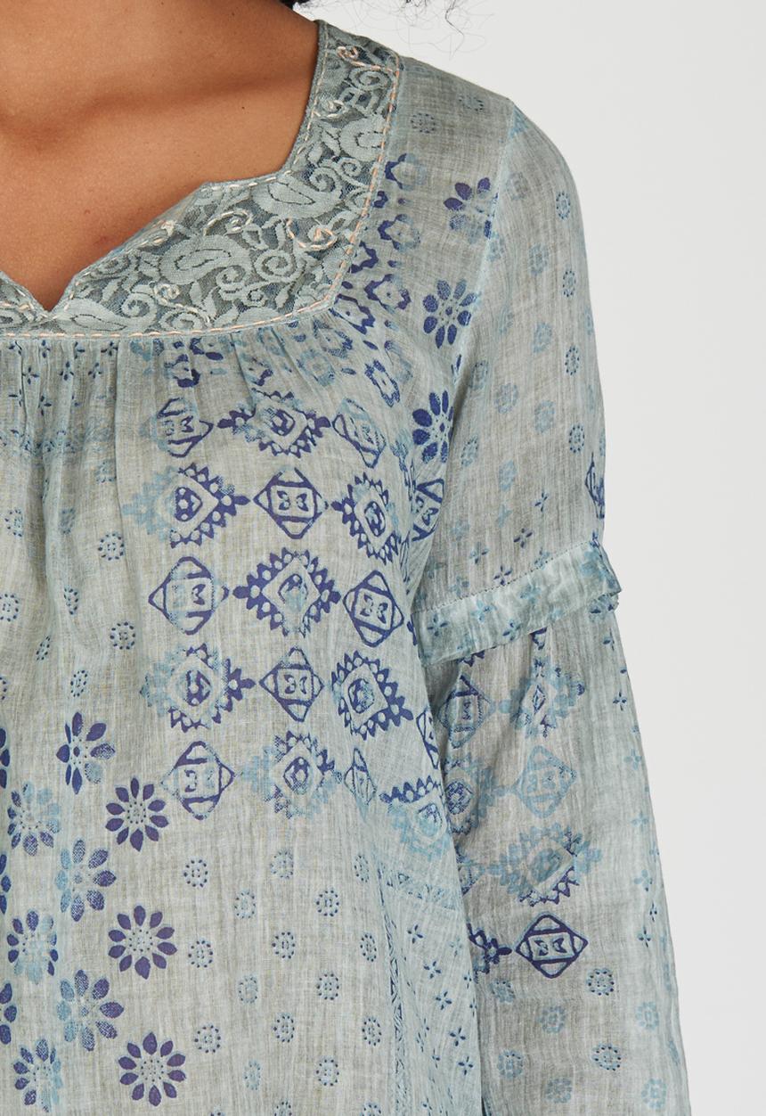 G Couture - Printed Slit Neckline Boxy Tunic Turquoise