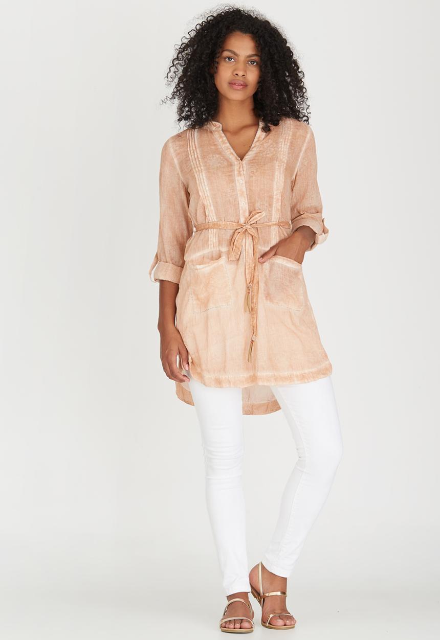 G Couture - Button Down Tunic with Pintucks Coral