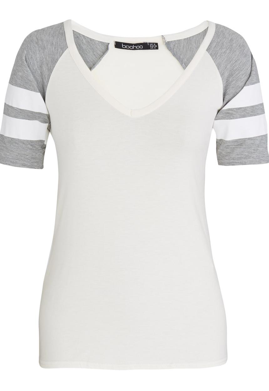 BoohooDNU - Petite V Neck Short Sleeved Baseball T-Shirt Grey