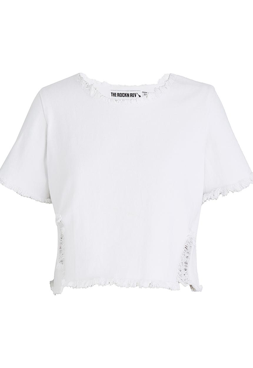 BoohooDNU - Denim Frayed Hems Top White