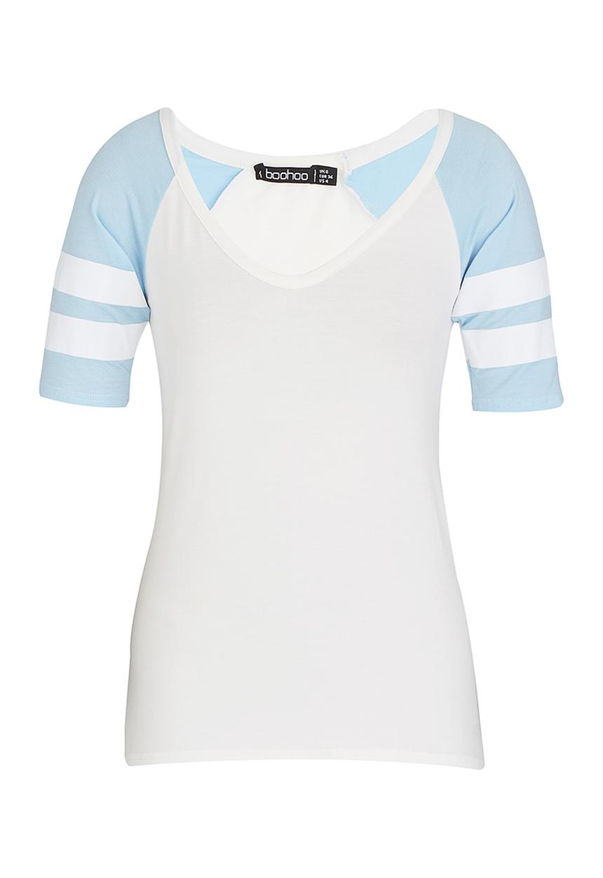 BoohooDNU - Petite V Neck Short Sleeved Baseball T-Shirt Blue