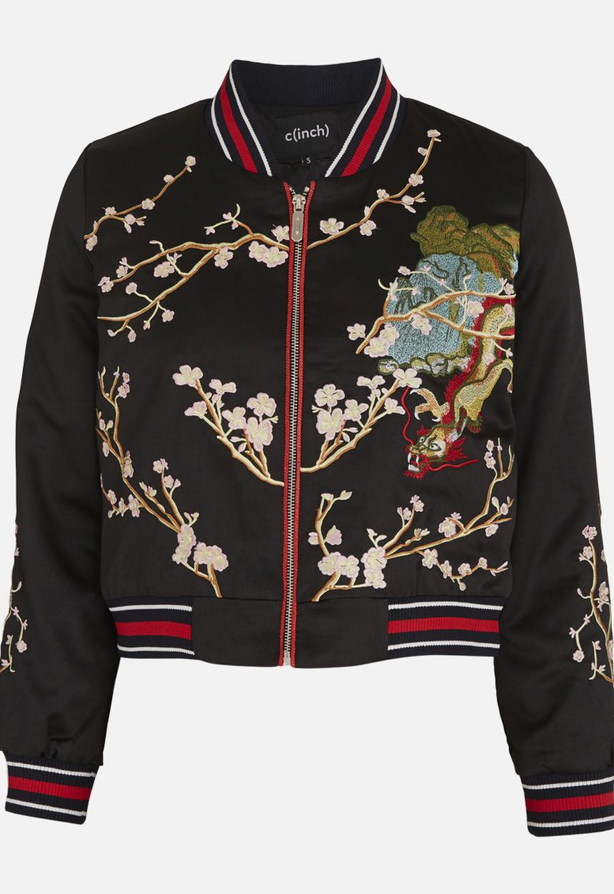 c(inch) - Silk-like Embroidered Bomber Jacket Black