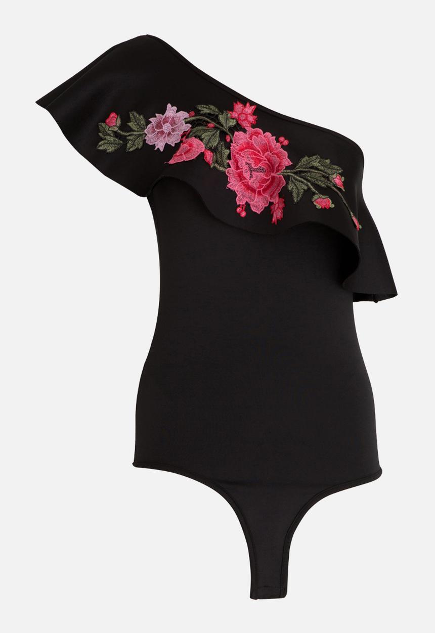 STYLE REPUBLIC - One Shoulder Frill Bodysuit Black