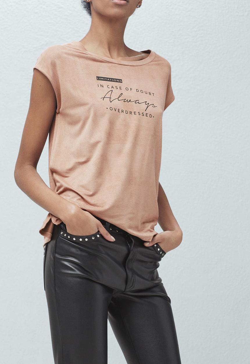 MANGO - Printed Faux Suede T-shirt Camel/Tan