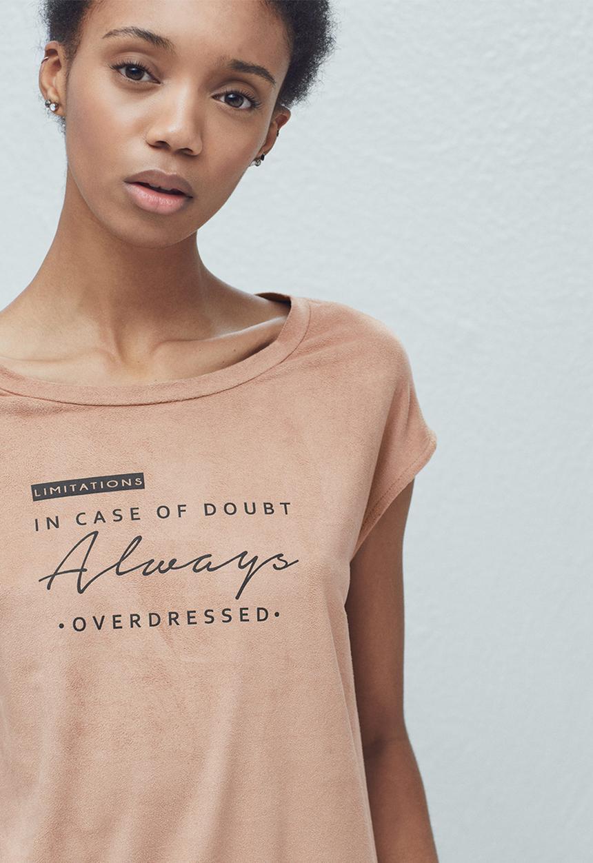 MANGO - Printed Faux Suede T-shirt Camel/Tan