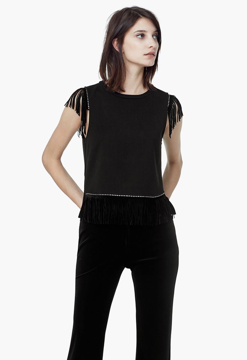 MANGO - Fringed T-shirt Black