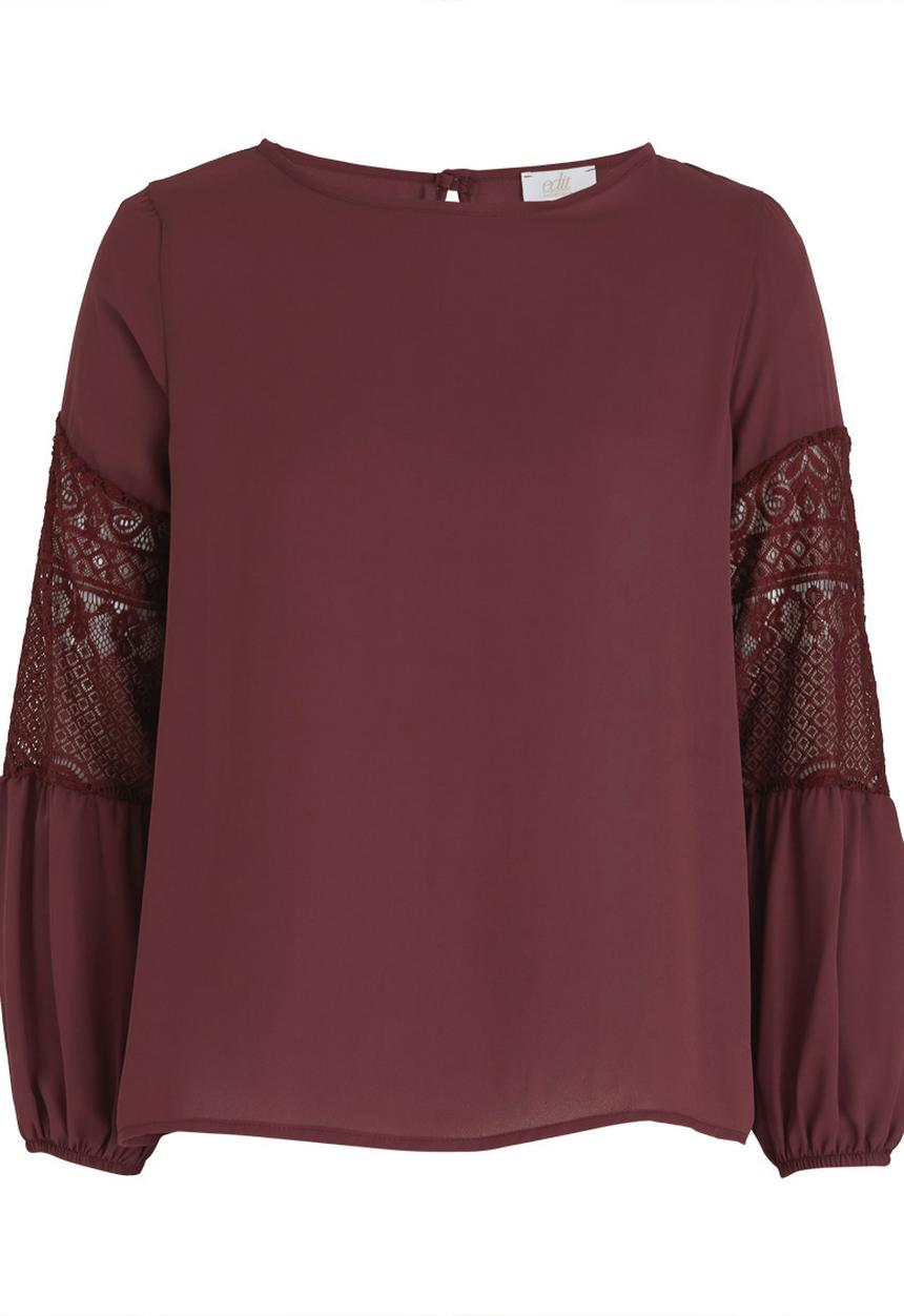 edit - Lace Inset Lantern Sleeve Top Burgundy