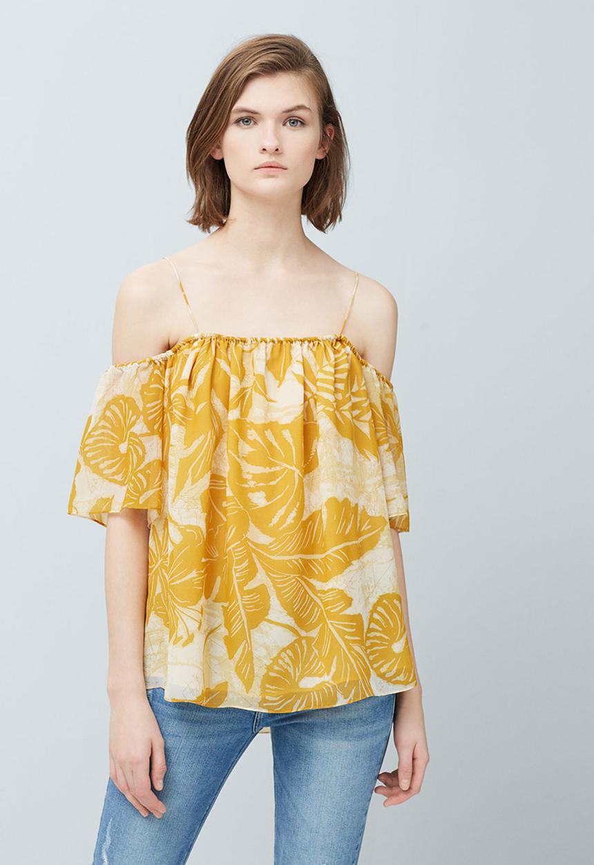 MANGO - Floral Print Off-the-shoulder Blouse Yellow and White