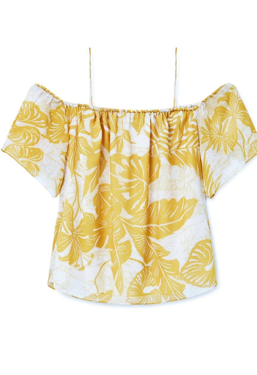 MANGO - Floral Print Off-the-shoulder Blouse Yellow and White