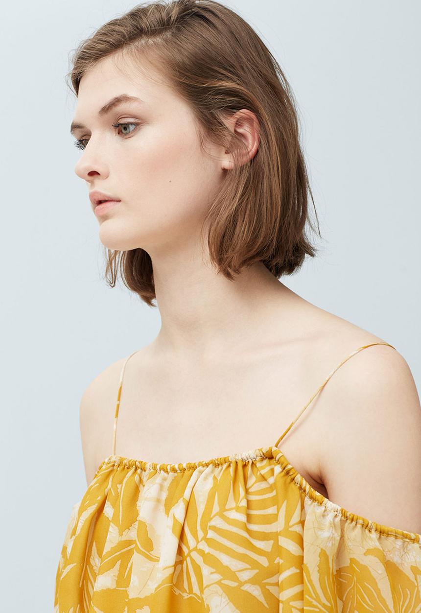 MANGO - Floral Print Off-the-shoulder Blouse Yellow and White