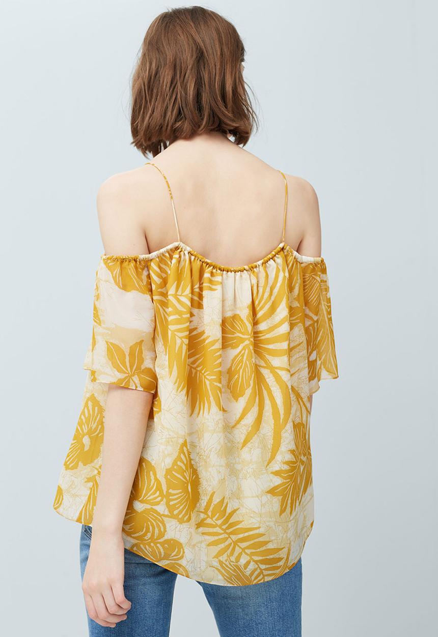 MANGO - Floral Print Off-the-shoulder Blouse Yellow and White