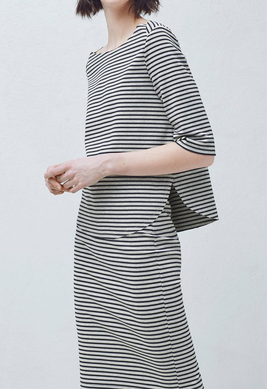 MANGO - Striped Cotton Blouse Blue and Grey