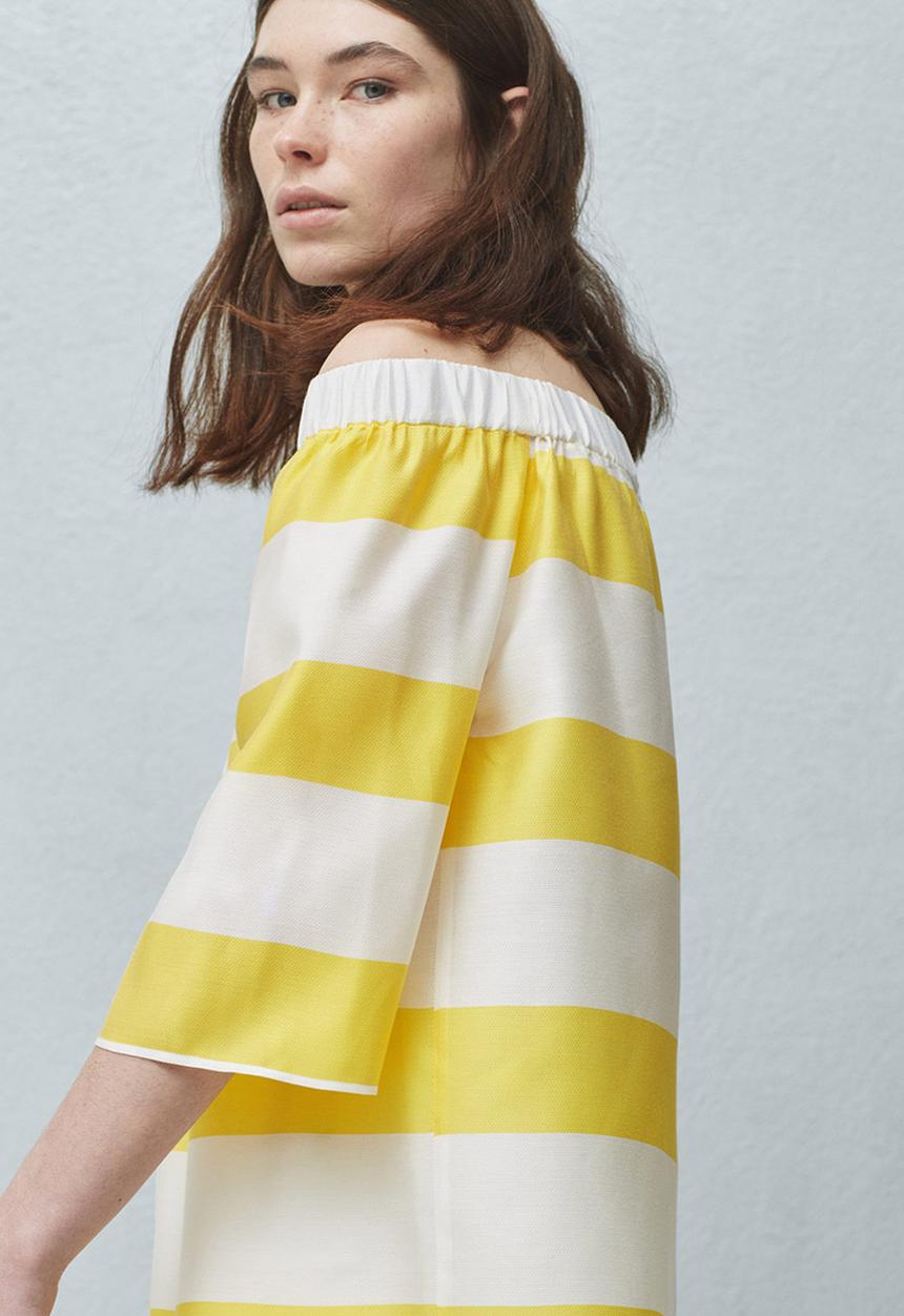 MANGO - Off-the-shoulder Striped Blouse Yellow and White
