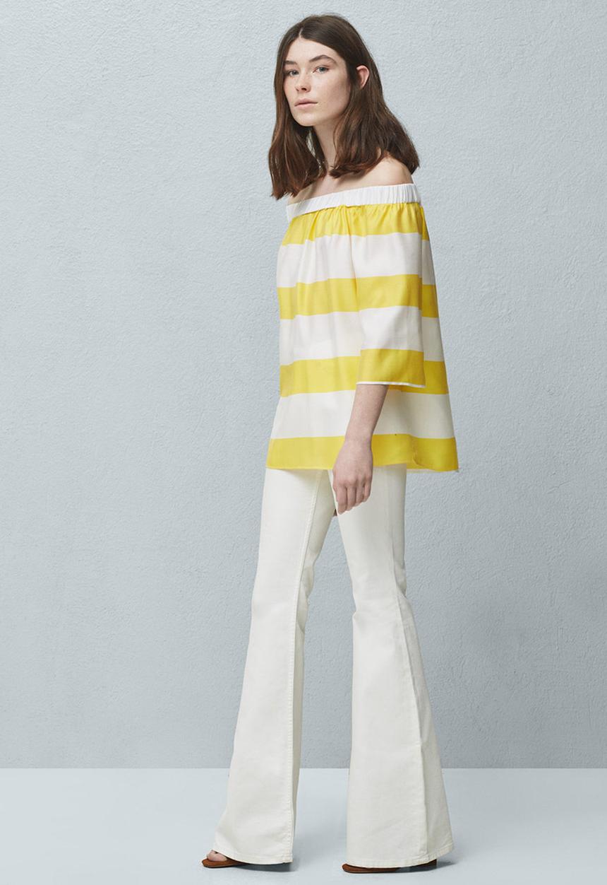MANGO - Off-the-shoulder Striped Blouse Yellow and White