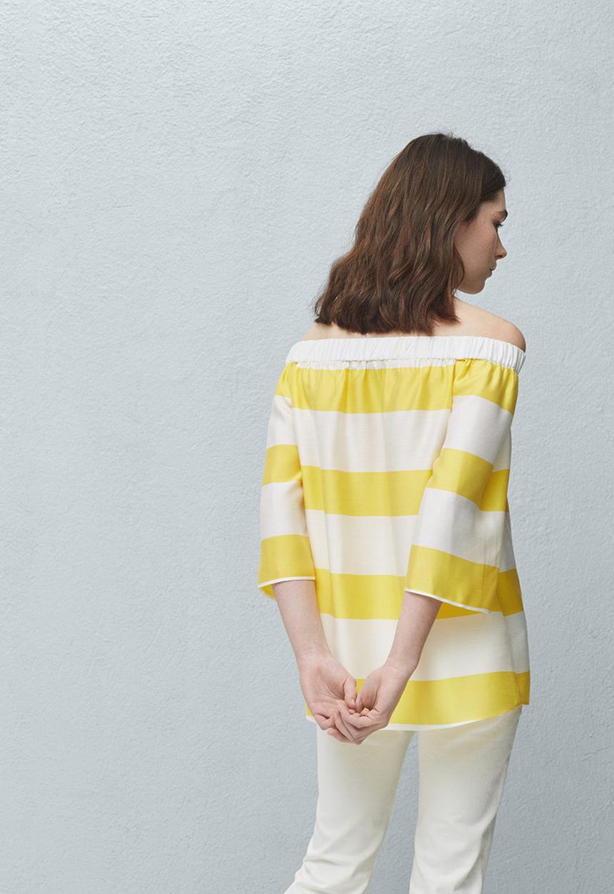 MANGO - Off-the-shoulder Striped Blouse Yellow and White
