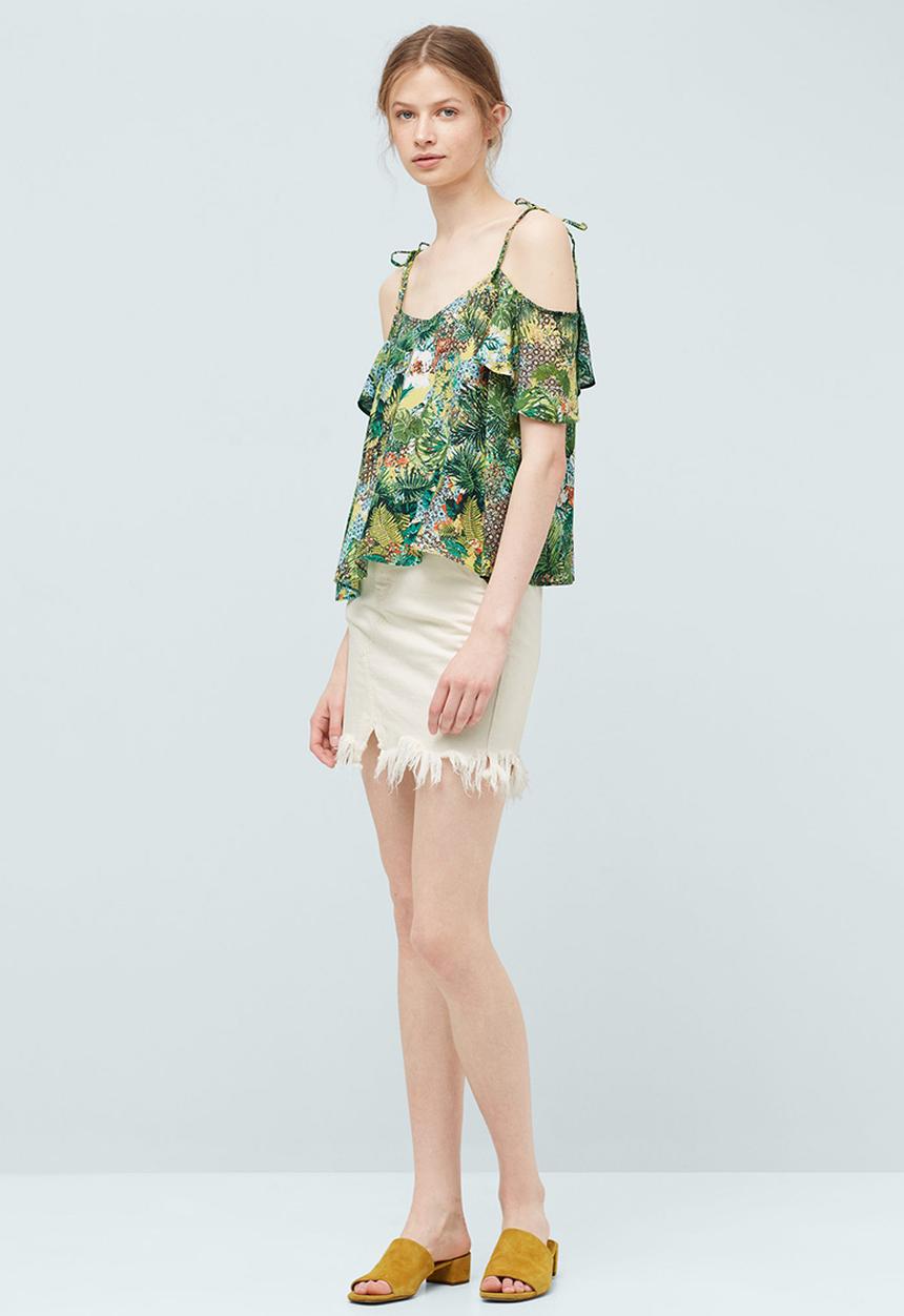 MANGO - Tropical Print Off-the-shoulder Top Green