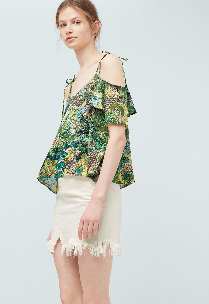 MANGO - Tropical Print Off-the-shoulder Top Green
