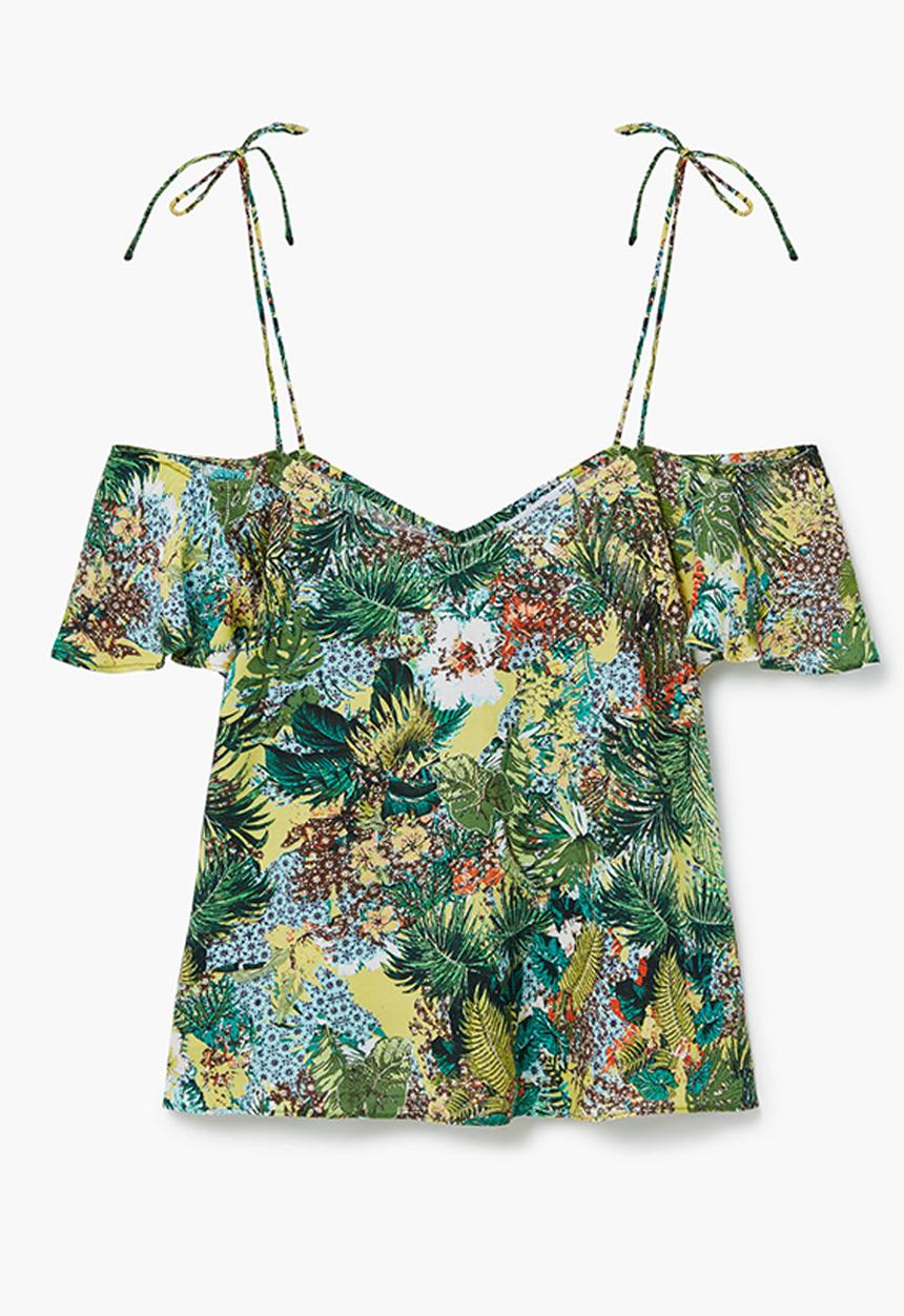 MANGO - Tropical Print Off-the-shoulder Top Green