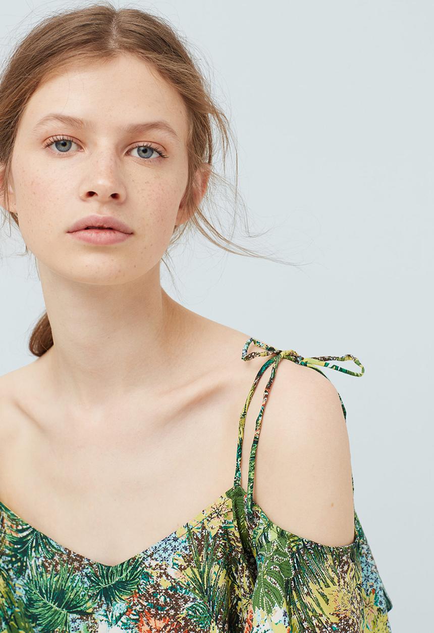 MANGO - Tropical Print Off-the-shoulder Top Green