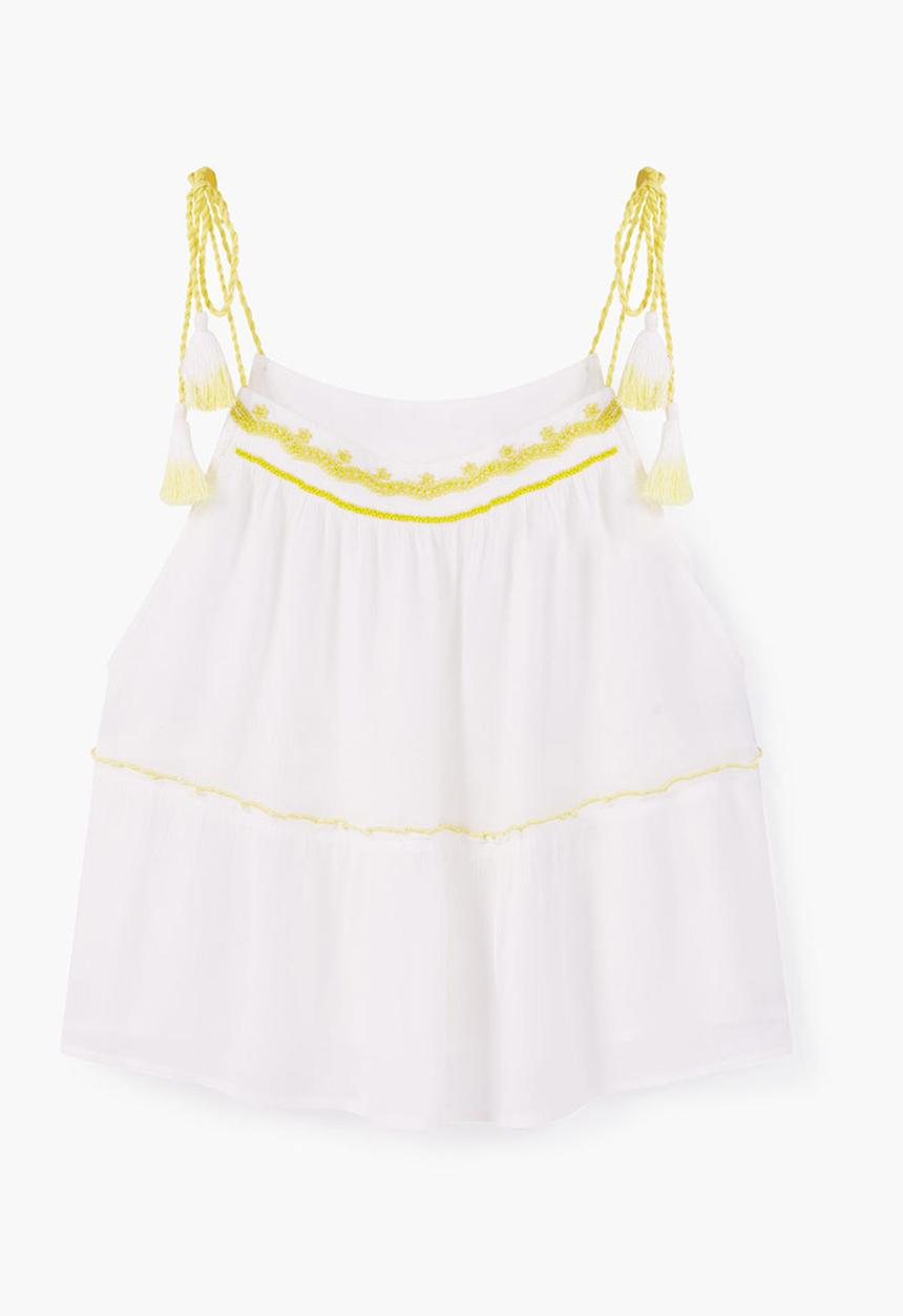 MANGO - Embroidered Top with Tassel Trim Yellow and White