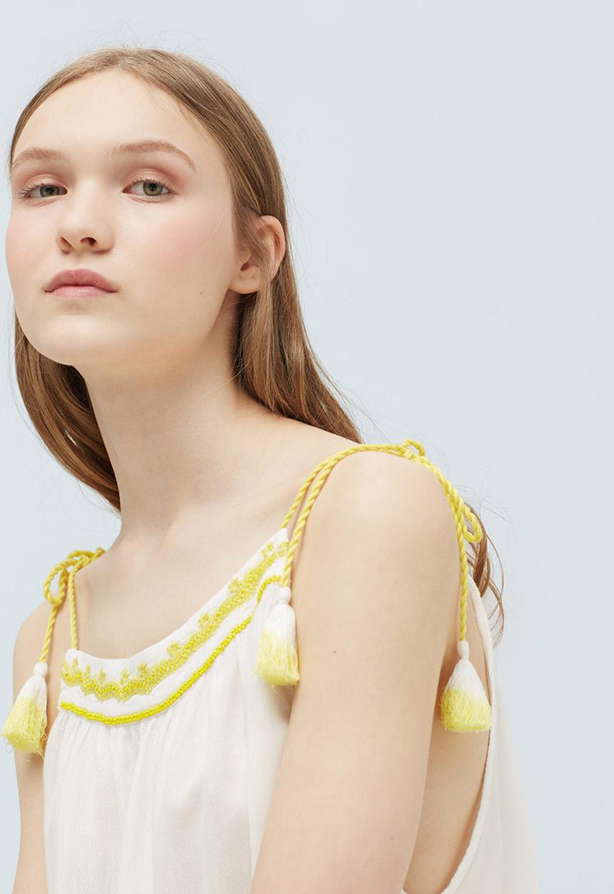 MANGO - Embroidered Top with Tassel Trim Yellow and White
