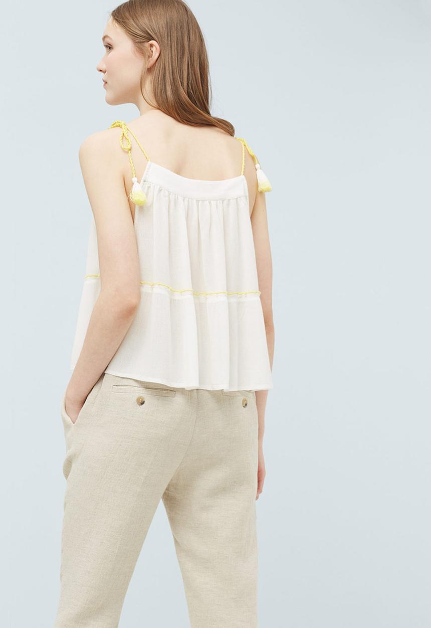 MANGO - Embroidered Top with Tassel Trim Yellow and White