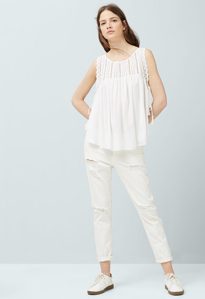 MANGO - Gathered Top with Decorative Trim White