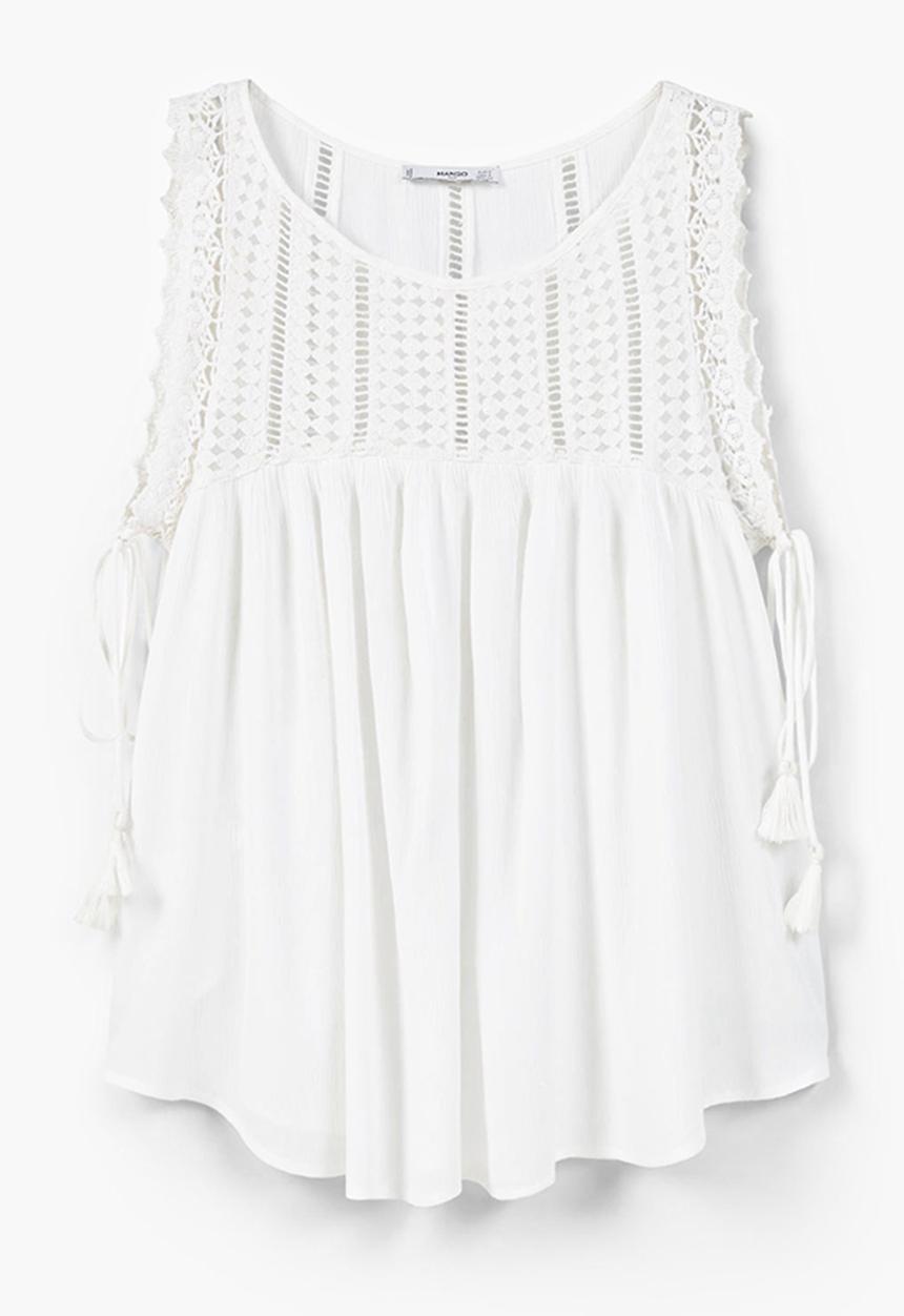 MANGO - Gathered Top with Decorative Trim White