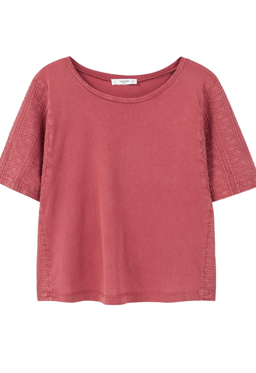 MANGO - T-shirt with Sleeve Panel Effect Dark Pink