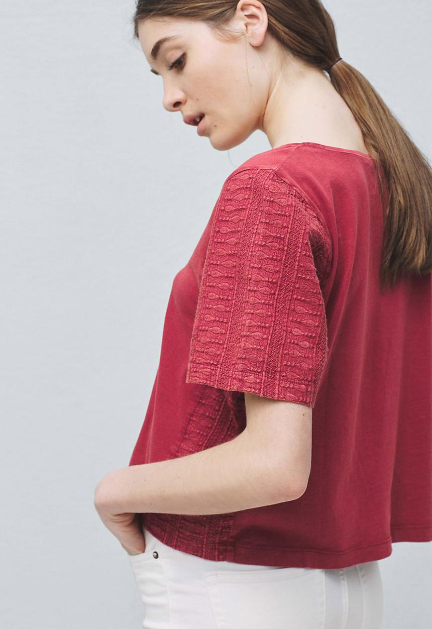 MANGO - T-shirt with Sleeve Panel Effect Dark Pink