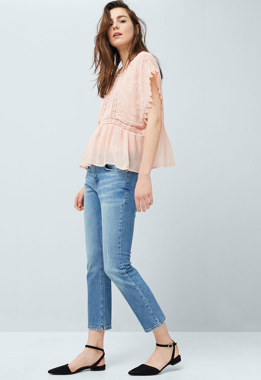 MANGO - Embroidered Frill Blouse Pale Pink