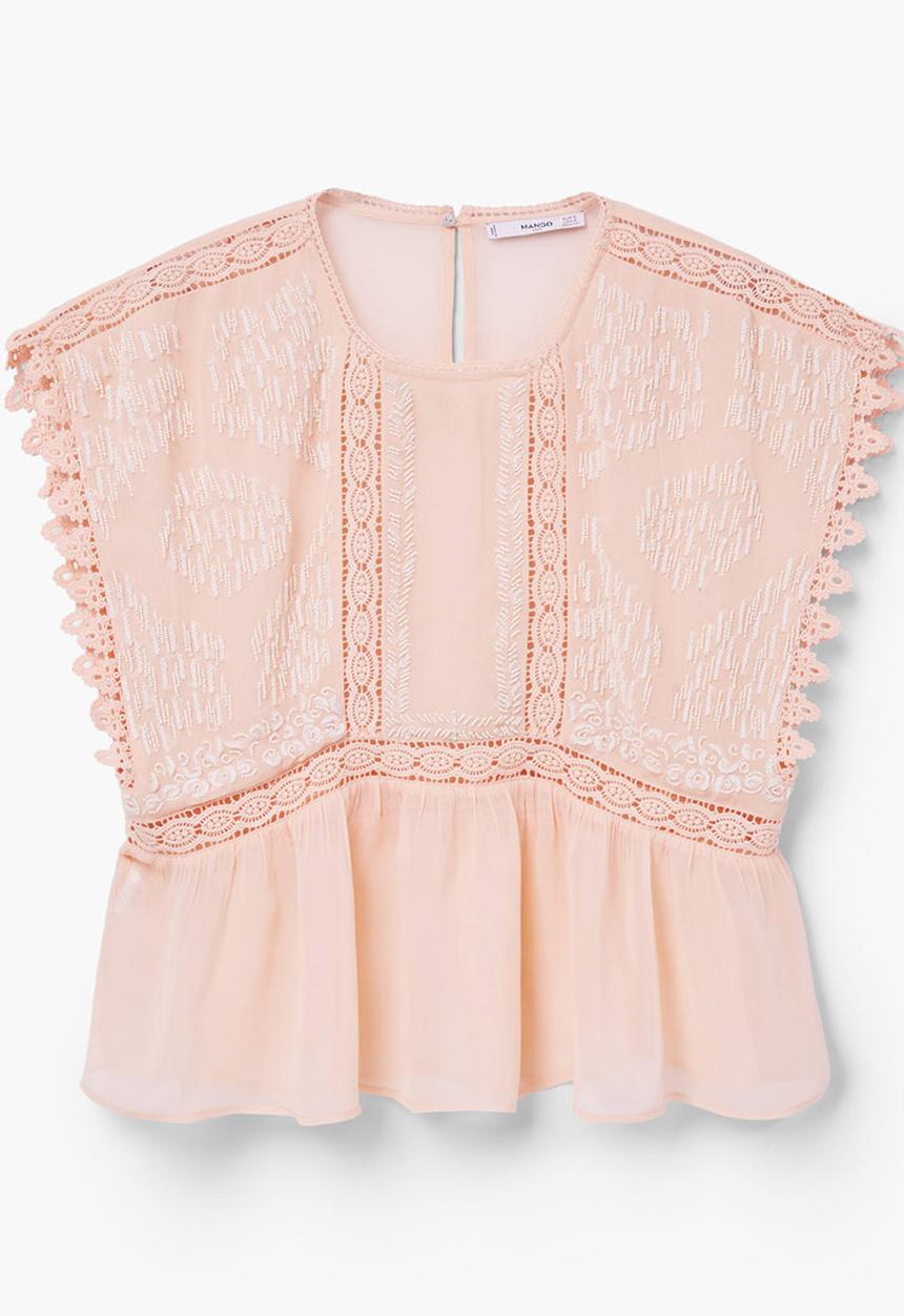 MANGO - Embroidered Frill Blouse Pale Pink