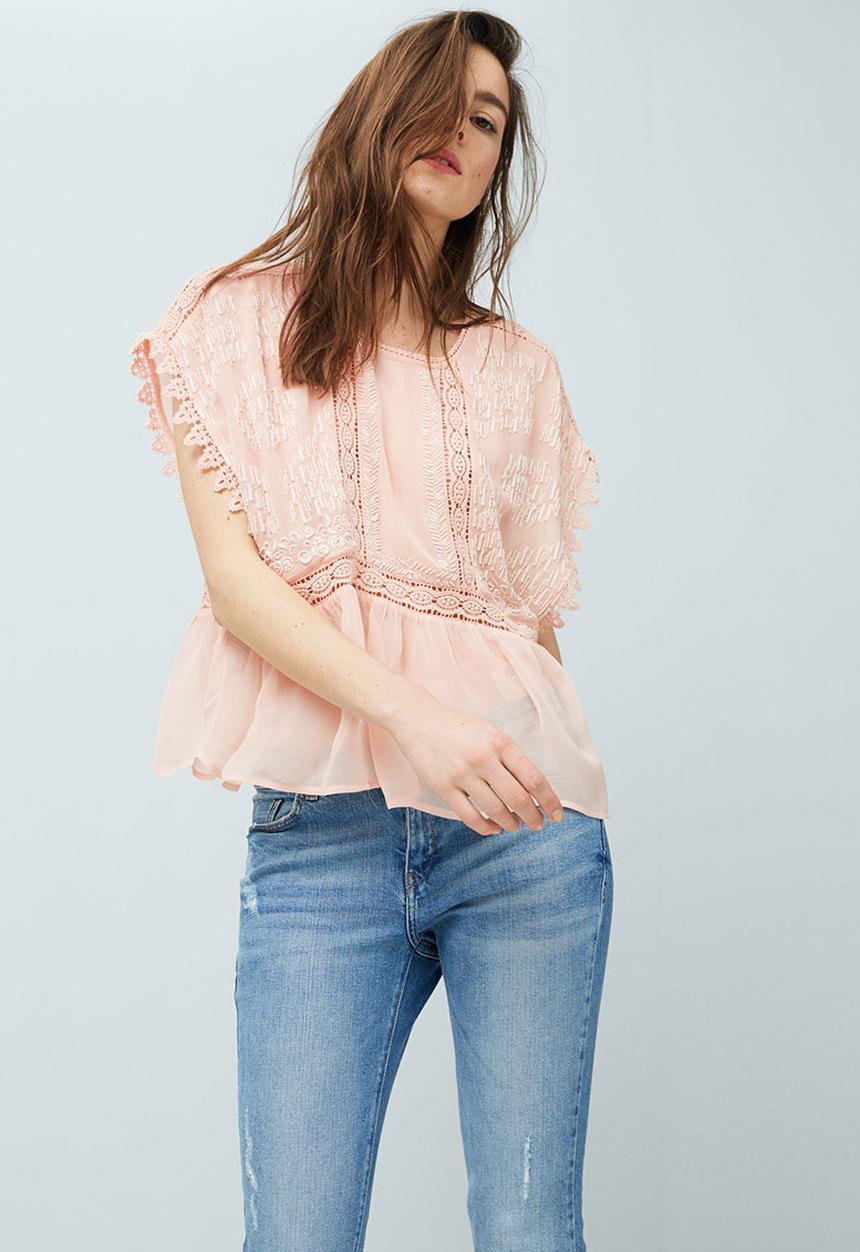 MANGO - Embroidered Frill Blouse Pale Pink