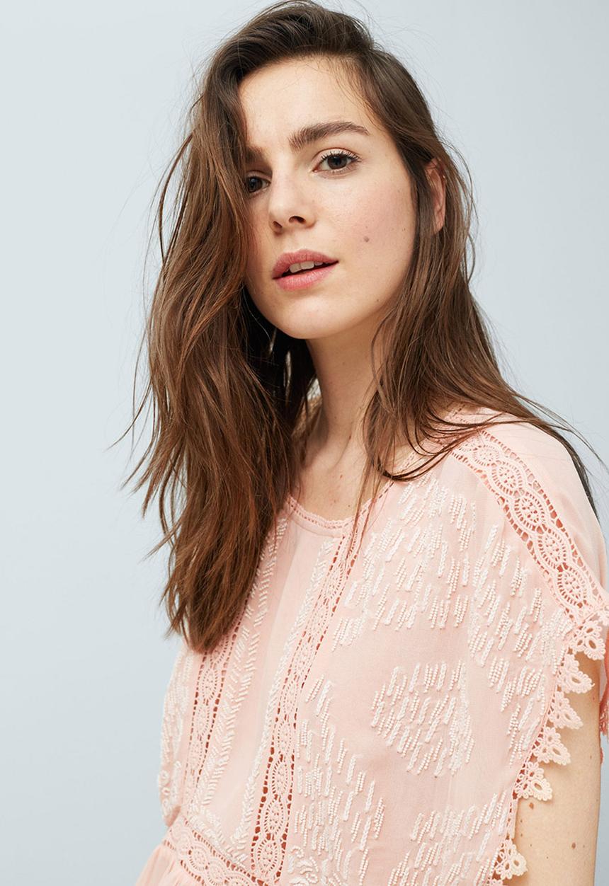MANGO - Embroidered Frill Blouse Pale Pink