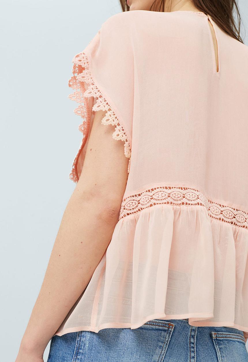 MANGO - Embroidered Frill Blouse Pale Pink