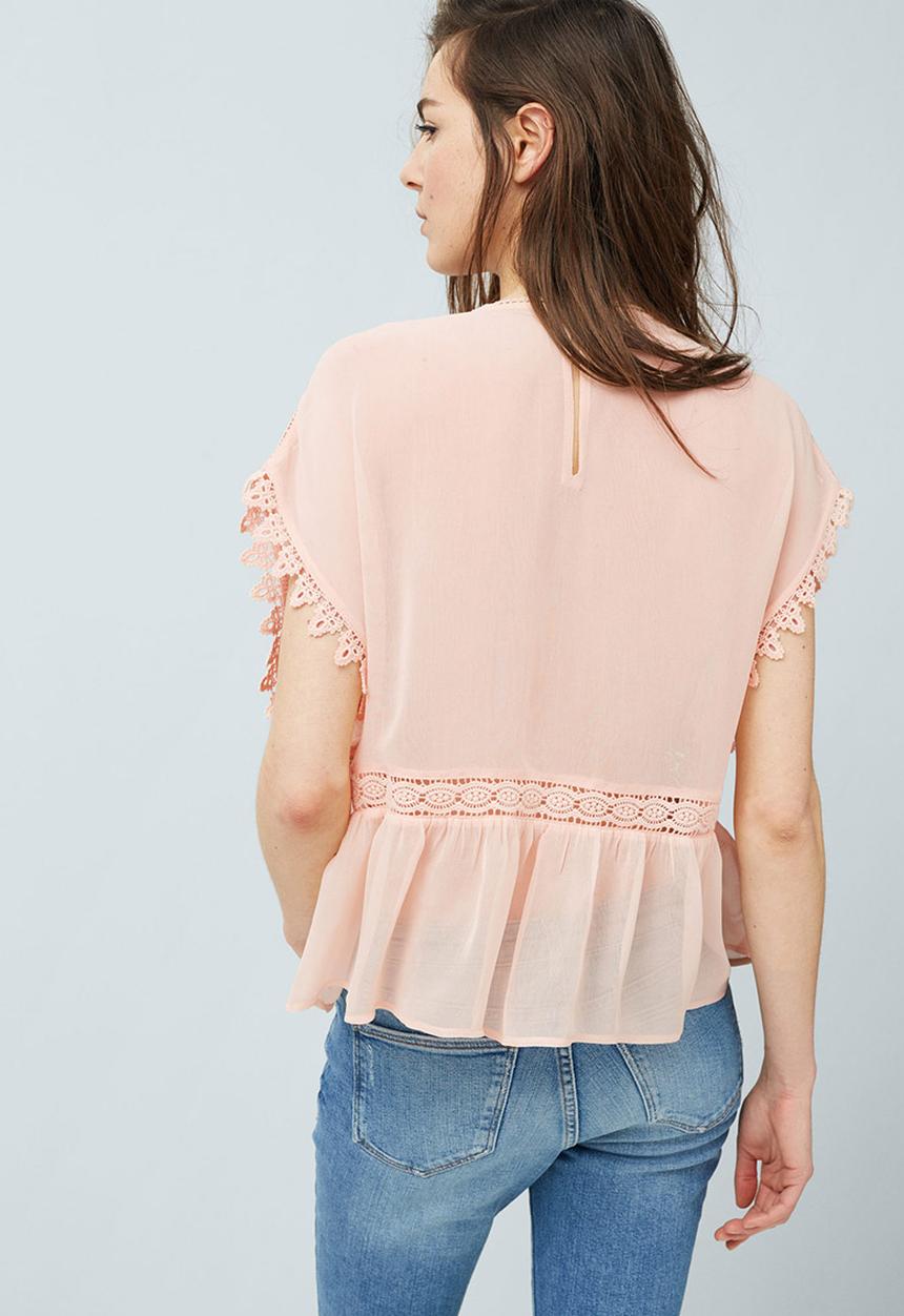 MANGO - Embroidered Frill Blouse Pale Pink