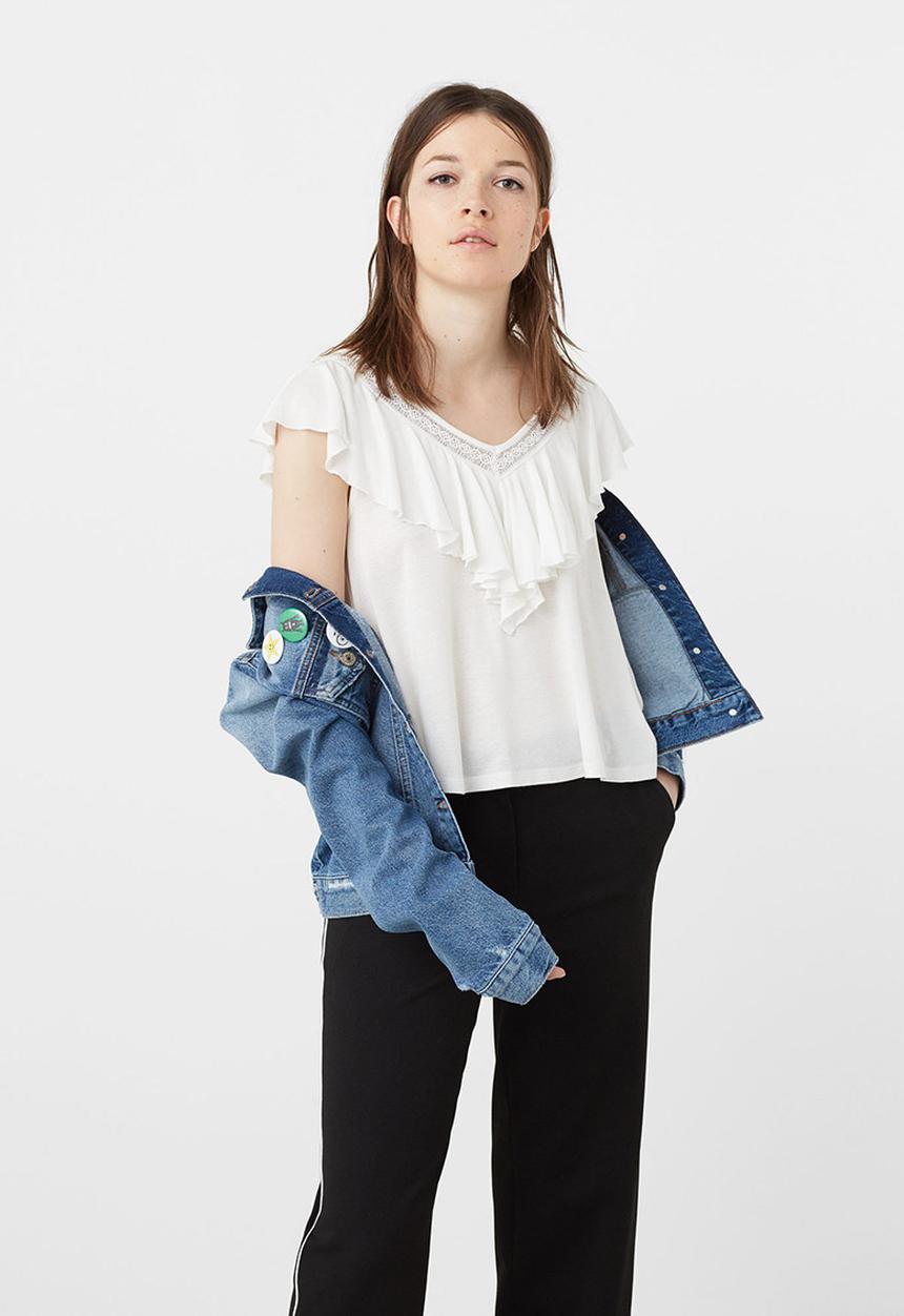 MANGO - Ruffle Top with Lace Trim White