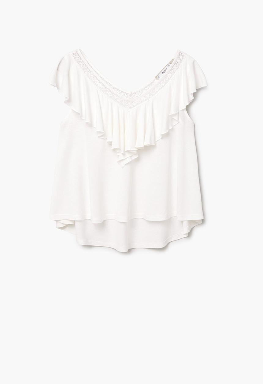MANGO - Ruffle Top with Lace Trim White